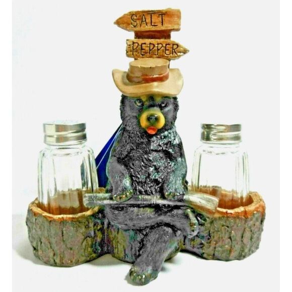 Hunter Black Bear Salt and Pepper Glass Shaker Metal Top Stoneware Holder NIB - Picture 1 of 2